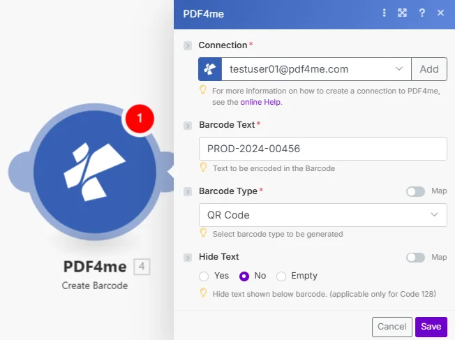 Clicca per ingrandire Crea il modulo PDF4me Crea codice a barre mostrando Connessione impostata su testuser01@pdf4me.com, Campo Testo codice a barre con esempio PROD-2024-00456 e suggerimento Testo da codificare nel codice a barre, menu a tendina Tipo codice a barre impostato su Codice QR con suggerimento Seleziona il tipo di codice a barre da generare e Nascondi testo impostato su No con suggerimento Nascondi il testo mostrato sotto il codice a barre applicabile solo per il codice 128